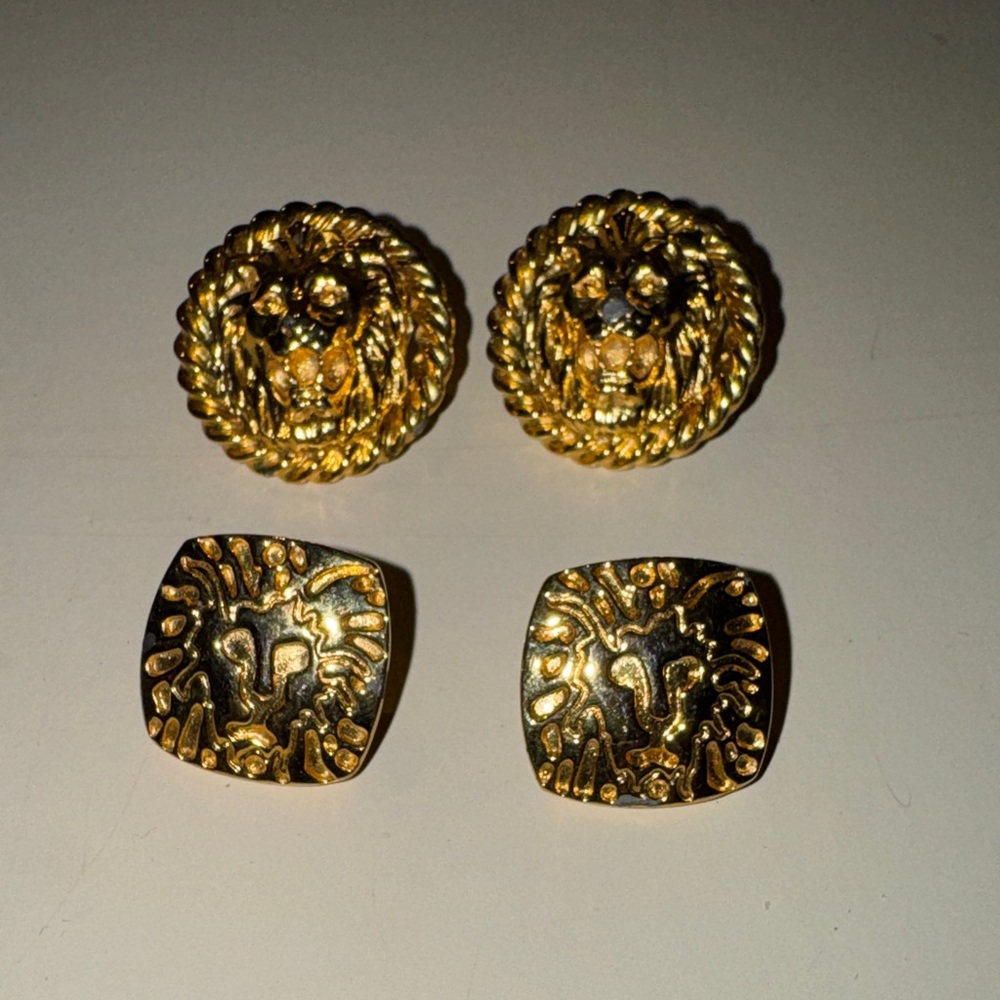 Vintage 2 sets of pierced Anne Klein Gold Lion Earrings